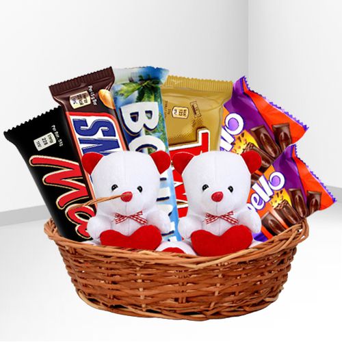 Magnificent Choco Delight n Teddy in Basket for Valentine
