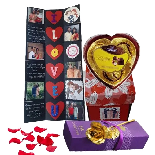 Delightful Personalized Photo Explosion Card with Heart Shape Sapphire Chocolates Box n Golden Rose