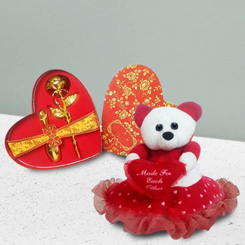 Breathtaking Combo of Golden Rose Heart Box n Teddy with Heart Breathtaking Combo of Golden Rose Heart Box n Teddy with Heart
