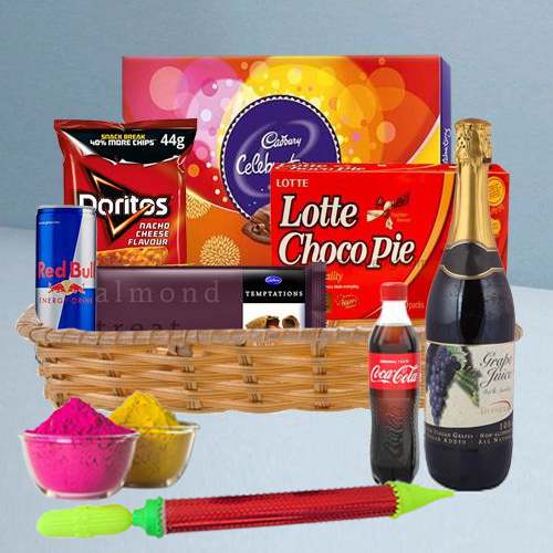 Expressive Hamper of Gourmet Treat N Fruit Juice with Holi Accessories