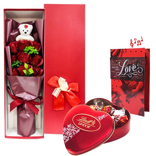 Classic Trio of Artificial Roses with Teddy Bouquet  Greeting Cards N Lindt Chocolate