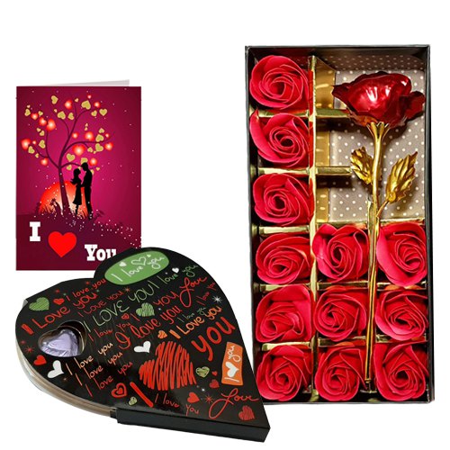 Romantic Pair of Artificial Red Roses with Chocolate N Love You Card