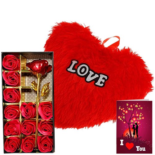 Lovely Trio of Artificial Red Roses with Red Cushion N Love You Card