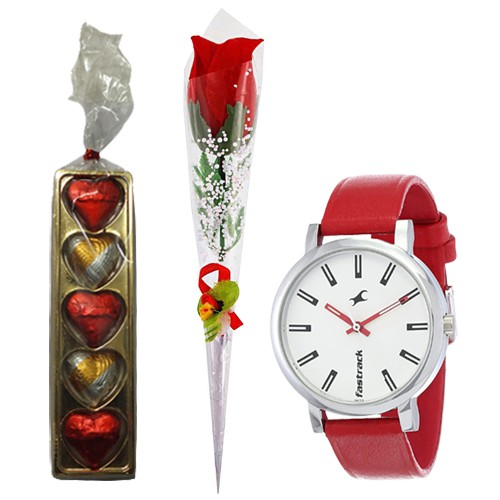 Stunning Gift of Fastrack Ladies Watch with Rose Stick N Chocolate
