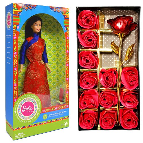 Amazing Duo of Artificial Roses N Barbie Doll