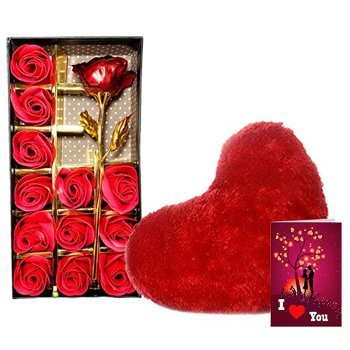 Amazing Trio of Artificial Red Roses with Red Cushion N Love  Card