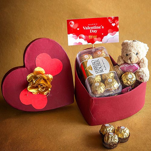 Hearty Red Box of Chocolate with Teddy N Greeting Card