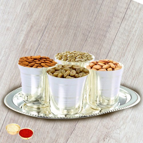 Crunchy mixed Dry Fruits with Silver Glasses and Tray with free Roli Tilak and Chawal Crunchy mixed Dry Fruits with Silver Glasses and Tray with free Roli Tilak and Chawal