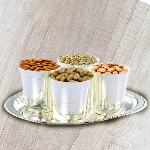 Dry Fruits with Silver Plated Glasses and Tray Dry Fruits with Silver Plated Glasses and Tray