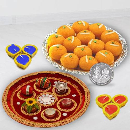 Puja Thali Diya N Haldirams Pure Ghee Laddoo Puja Thali Diya N Haldirams Pure Ghee Laddoo