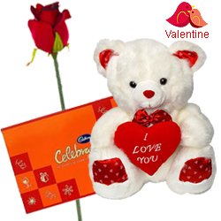 Cadburys Celebration Pack with a silk rose and A 12 inch Cute Teddy Bear. Cadburys Celebration Pack with a silk rose and A 12 inch Cute Teddy Bear.