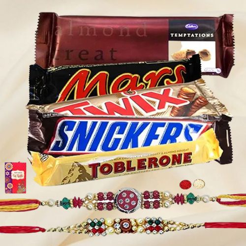 Delicous Chocolate Bars Hamper with 2 Designer Rakhi and Roli Tilak Chawal