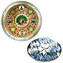 Designer Subh Labh Stainless Steel Thali with Haldirams Kaju Katli Designer Subh Labh Stainless Steel Thali with Haldirams Kaju Katli