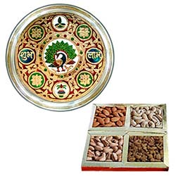 Exquisite Subh Labh Stainless Steel Thali with Assorted Dry Fruits Exquisite Subh Labh Stainless Steel Thali with Assorted Dry Fruits