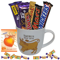 Attractive Mug with Taurus Sun Sign Print along with Tasty Chocolates Gift Collection Attractive Mug with Taurus Sun Sign Print along with Tasty Chocolates Gift Collection