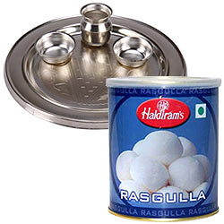 Enticing Haldirams Rasgulla with Silver Plated Puja Thali Enticing Haldirams Rasgulla with Silver Plated Puja Thali