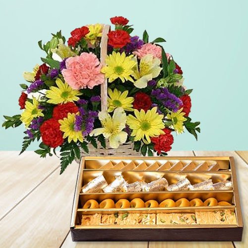 Mixed Flowers Basket with Assorted Sweets Mixed Flowers Basket with Assorted Sweets
