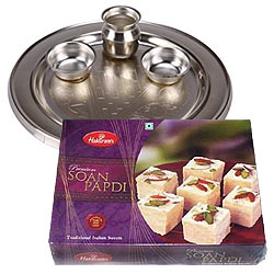 Silver Plated Puja Thali N Haldirams Soan Papdi Combo Silver Plated Puja Thali N Haldirams Soan Papdi Combo
