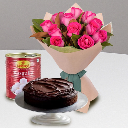 Red Roses Bouquet with Haldirams Rasgulla and Eggless Cake Red Roses Bouquet with Haldirams Rasgulla and Eggless Cake