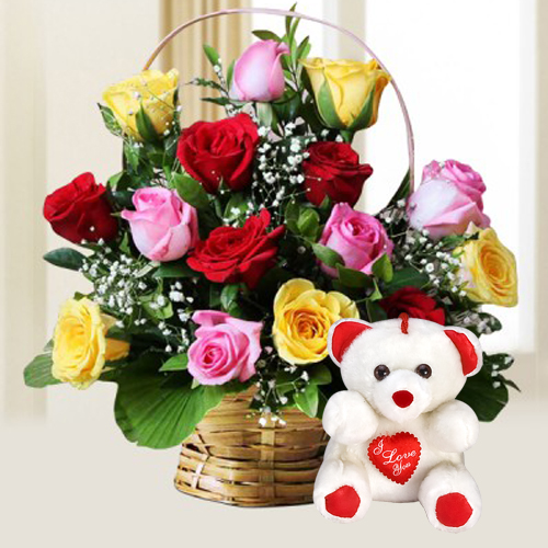 Mixed Roses with Teddy Bear Mixed Roses with Teddy Bear
