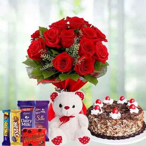 Teddy with Black Forest Cake Mixed Chocos N Dutch Roses Teddy with Black Forest Cake Mixed Chocos N Dutch Roses