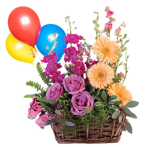 Basket Arrangement of Flowers N Balloons Basket Arrangement of Flowers N Balloons