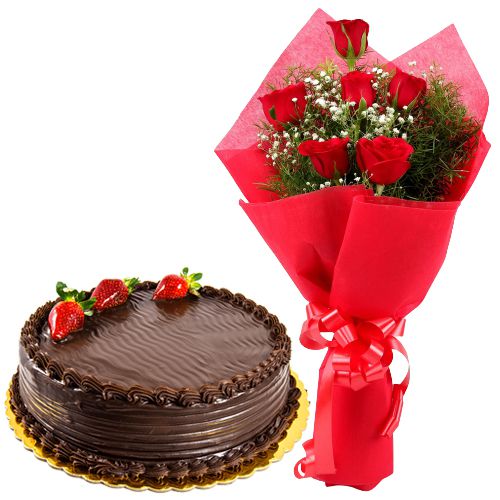 Radiant Red Rose Hand Bunch and Chocolate Cake