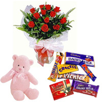 Teddy with Red Rose Bunch N Cadbury Celebrations Combo