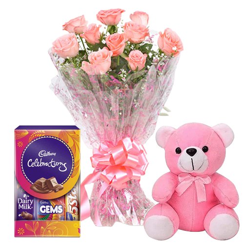 Pink Roses with Teddy and Chocolates Pink Roses with Teddy and Chocolates