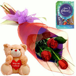 Teddy with Chocos N Red Roses Bouquet