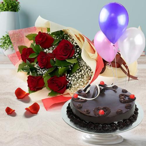 Truffle Cake with Red Roses Bouquet and Balloons Truffle Cake with Red Roses Bouquet and Balloons