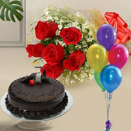 Rose Bouquet with Balloons N Chocolate Cake Rose Bouquet with Balloons N Chocolate Cake