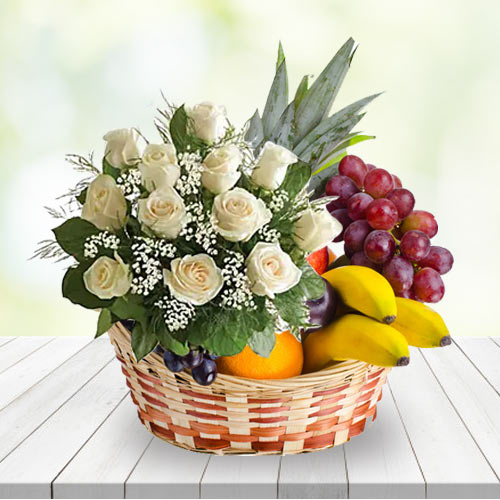 Stunning Basket of White Roses N Fruits Stunning Basket of White Roses N Fruits