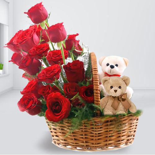 Red Roses and Twin Teddies Basket Arrangement Red Roses and Twin Teddies Basket Arrangement