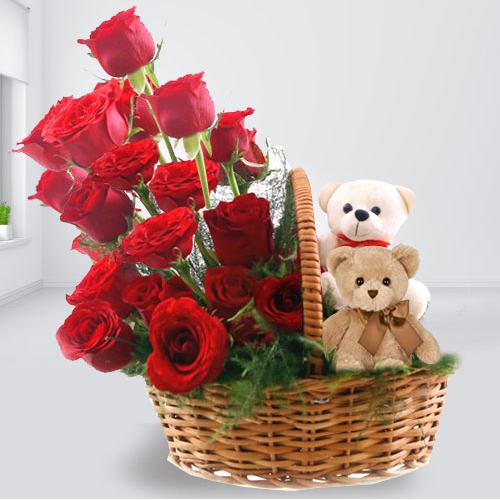 Red Roses with Twin Teddies Basket Arrangement