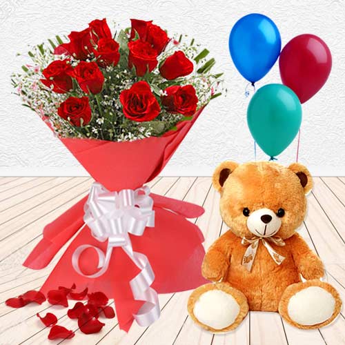 Red Roses with Teddy and Balloons Red Roses with Teddy and Balloons