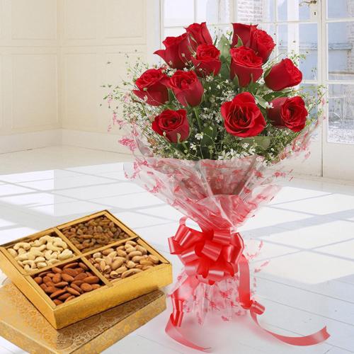 Red Rose Bouquet with Mixed Dry Fruits Red Rose Bouquet with Mixed Dry Fruits