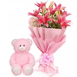 Pink Lilies Bunch with Teddy Pink Lilies Bunch with Teddy