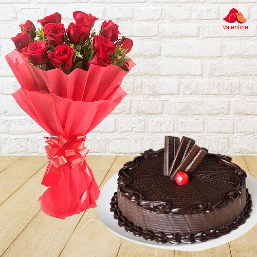 Delish Choco Cake with Red Roses Bouquet