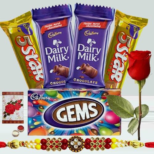 2 pcs Dairy Milk 1 pc Gems 2 pcs 5star 1 Designer Rakhi with Single Red Rose