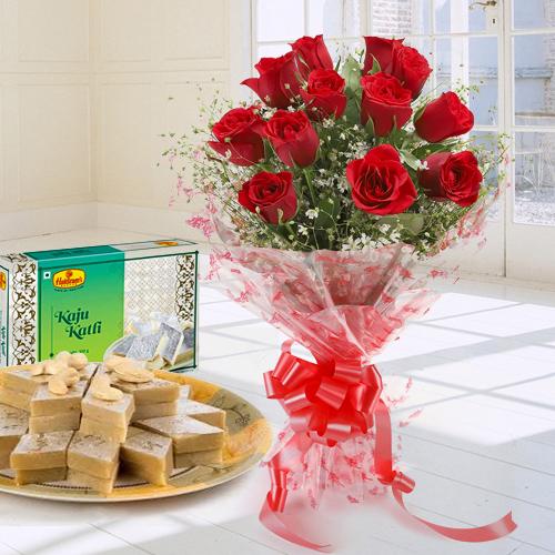 Red Rose Bouquet with Kaju Katli Red Rose Bouquet with Kaju Katli