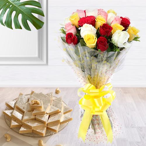 Assorted Roses with Kaju Barfi Assorted Roses with Kaju Barfi