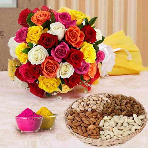 Adorable 2 dozen multicolored Roses with assorted Dry Fruits