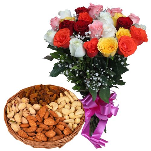 Multicolored Roses with Assorted Dry Fruits Multicolored Roses with Assorted Dry Fruits