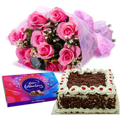 Perfect Combo of Cake Pink Roses Arrangement with Cadbury Celebrations Perfect Combo of Cake Pink Roses Arrangement with Cadbury Celebrations
