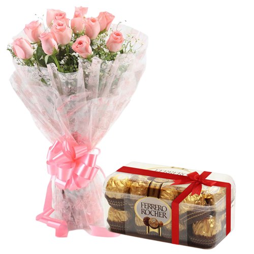 Ever Delightful Pink Roses Bunch and Ferrero Rocher Combo Ever Delightful Pink Roses Bunch and Ferrero Rocher Combo
