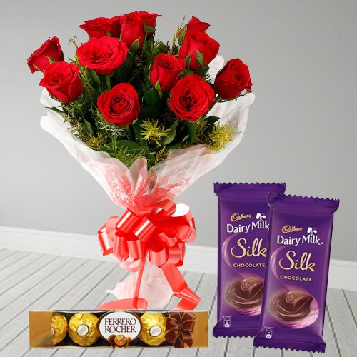 Delicious Ferrero Rocher Dairy Milk Silk with Rose Bouquet Delicious Ferrero Rocher Dairy Milk Silk with Rose Bouquet