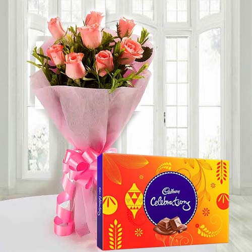 Delectable Combo of Cadbury Celebrations N Pink Rose Bouquet Delectable Combo of Cadbury Celebrations N Pink Rose Bouquet