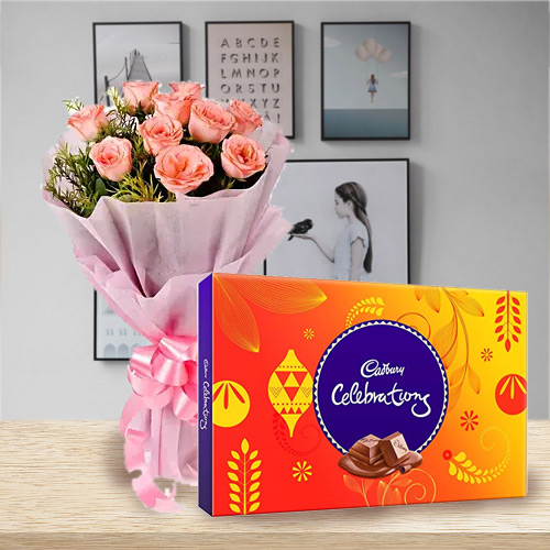 Special Combo of Pink Rose Bouquet with Cadbury Celebrations Pack Special Combo of Pink Rose Bouquet with Cadbury Celebrations Pack
