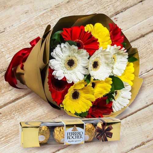 Fascinating Gerberas Bouquet with Ferrero Rocher Chocolate